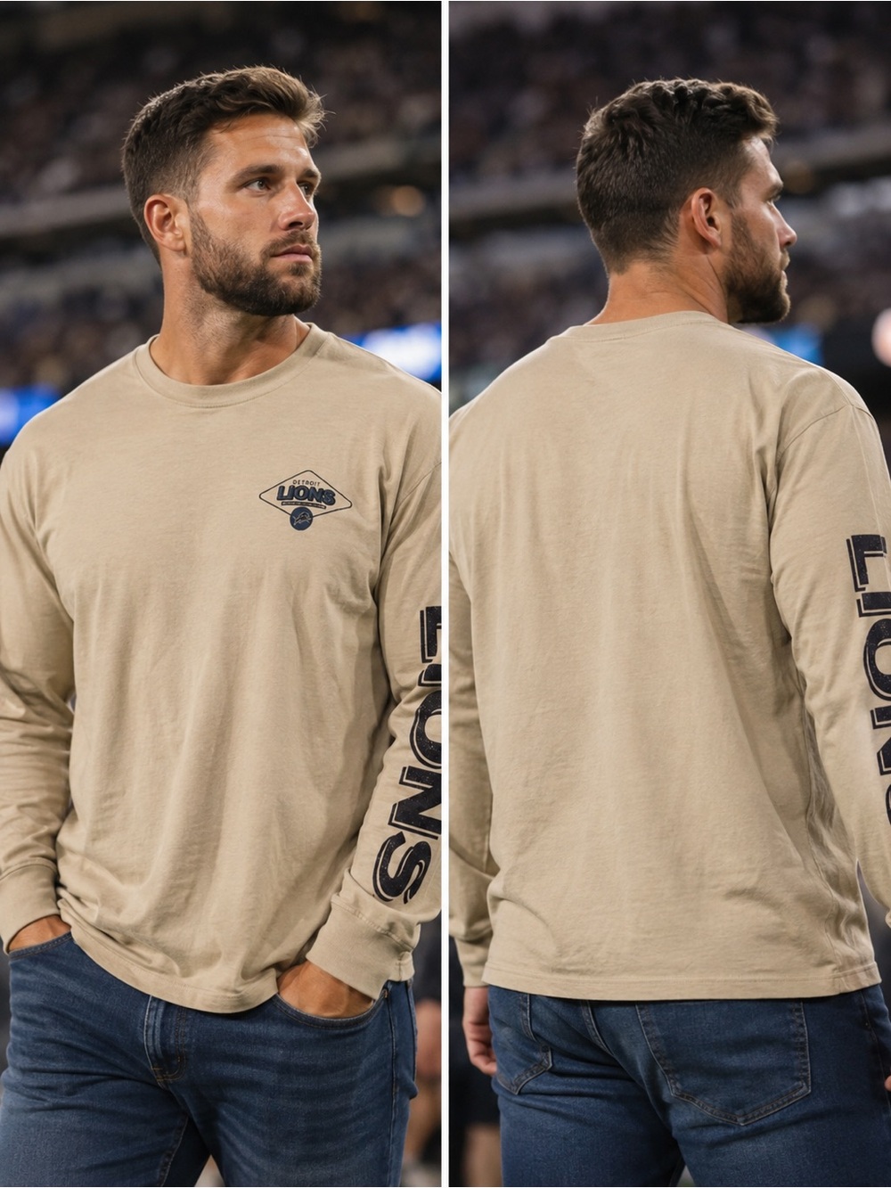🆕 ’47 Brand Detroit Lions Men’s Large Long Sleeve T-Shirt Tan NFL NWT